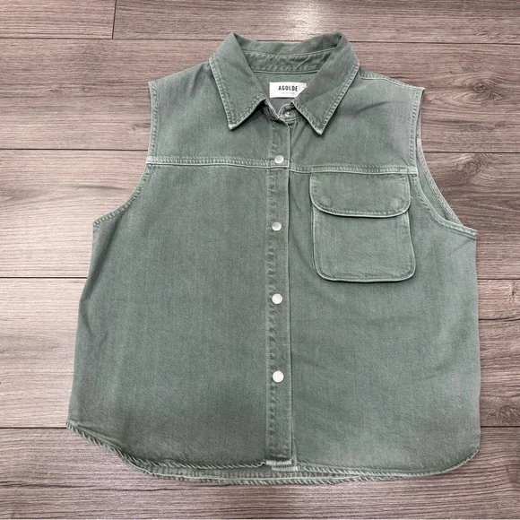 NWOT AGOLDE hadley sleeveless denim shirt green SZ L - Picture 2 of 9